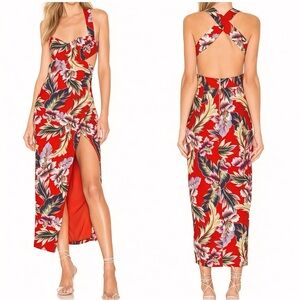 NBD Naven Revolve Cut Out Floral Dress Women’s XXS Red Tropical Slit Midi